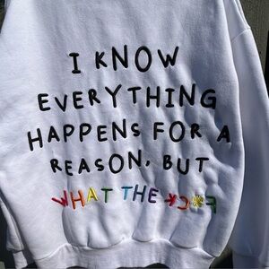 Sarai Baggy White Sweatshirt with Yellow Hood Lining Colorful Text Size XXL